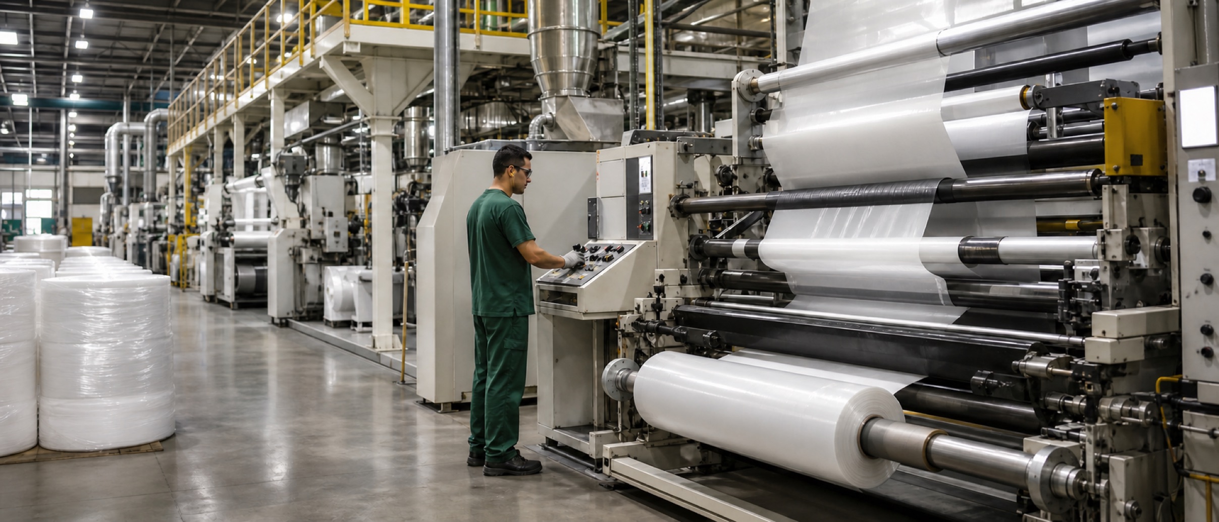 Linha de produção da fábrica Plaspack, com rolos de plástico em processamento