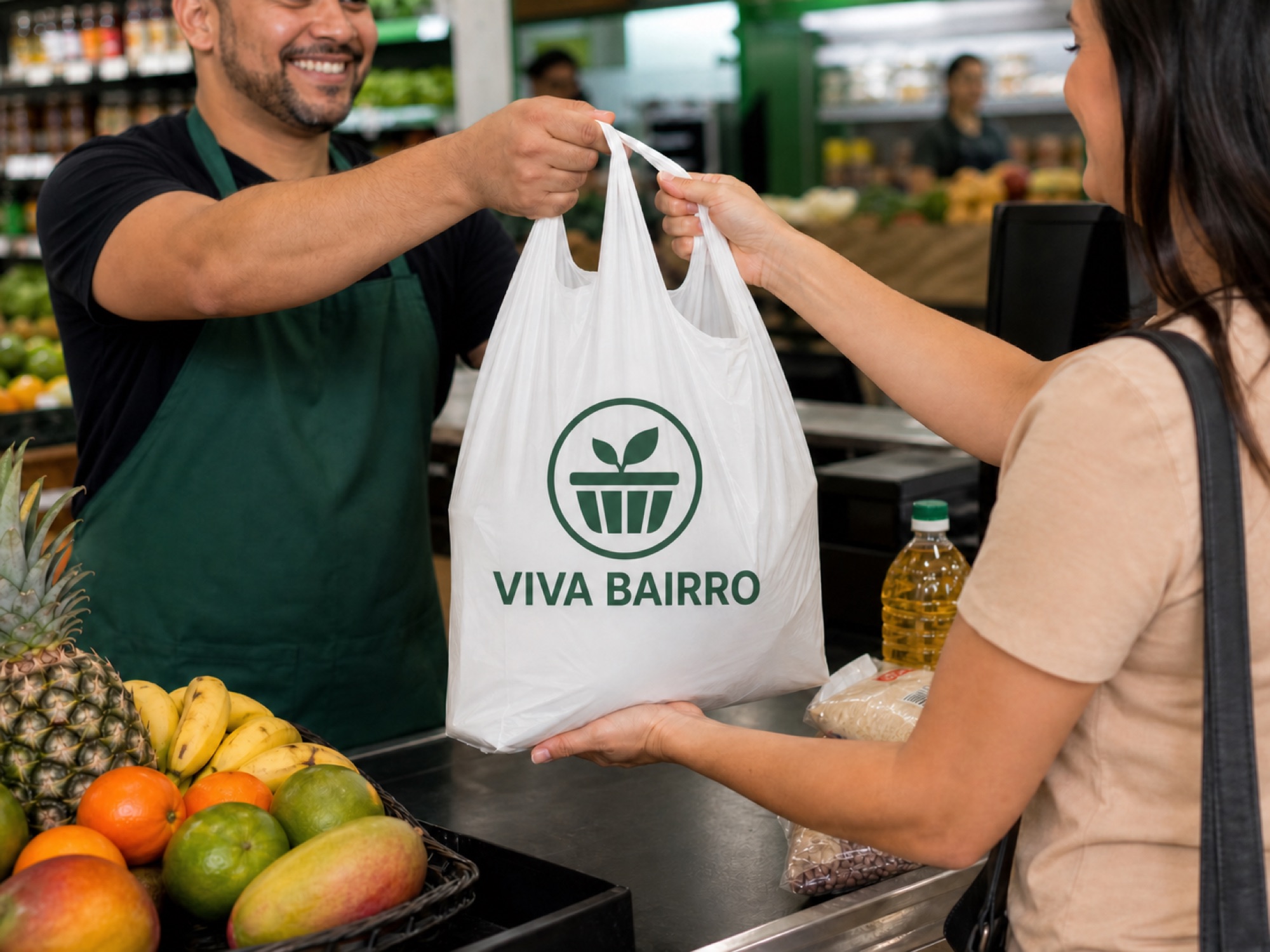 Atendente entregando sacola personalizada Plaspack no caixa de um mercado